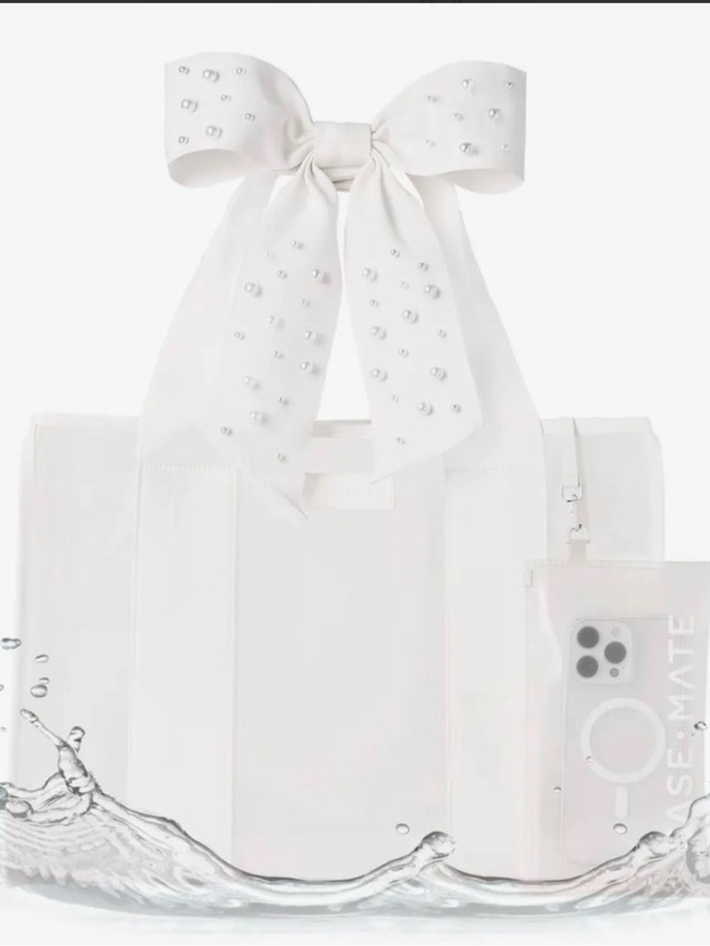 NWT Case-Mate White Bow-Accent Tote Bag with Pearl Details